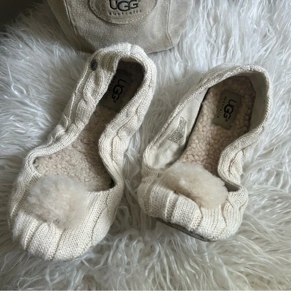 UGG Beige Knit Slippers with Pom Pom - Picture 3 of 13